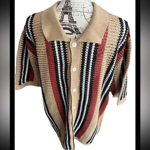 Massive Luxury Crochet Knit Polo Shirt Retro Striped Button Down Men’s Large